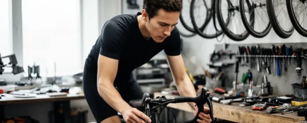Cycliste inspectant la zone potence-cintre dans un atelier vélo