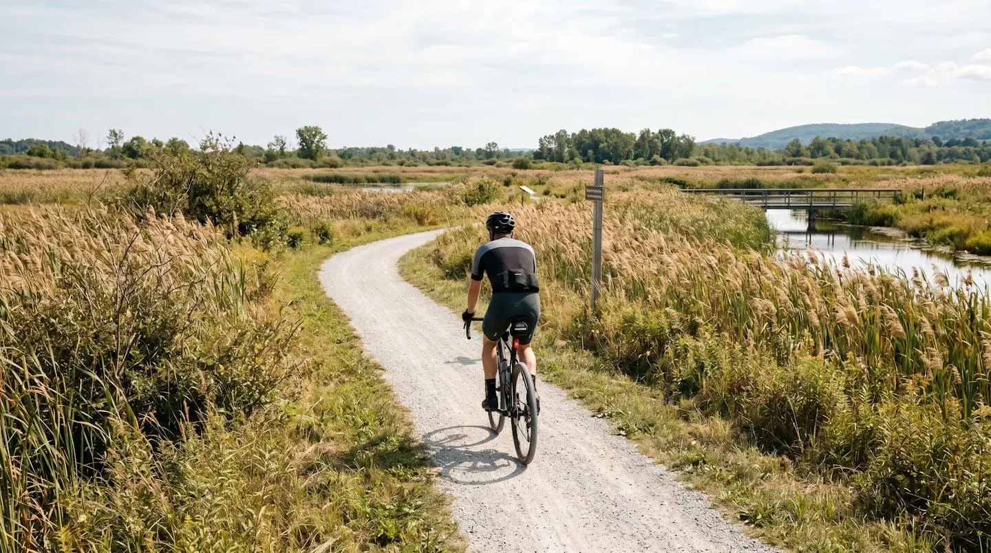 Cycliste pédalant de dos sur la voie verte entourée de roseaux et de végétation dense, lumière naturelle douce, ambiance paisible de réserve naturelle