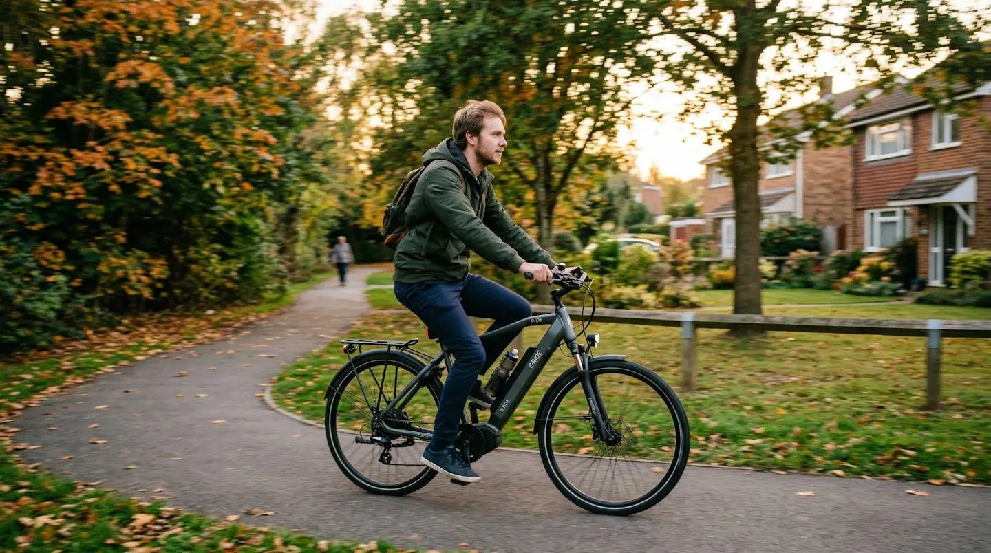Un cycliste en tenue décontractée roule sur une piste cyclable bordée d'arbres dans une zone périurbaine