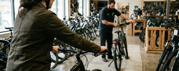 Un client teste un vélo électrique urbain dans l'allée d'une boutique spécialisée, un conseiller ajuste le guidon en arrière-plan
