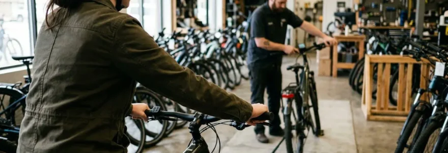 Un client teste un vélo électrique urbain dans l'allée d'une boutique spécialisée, un conseiller ajuste le guidon en arrière-plan