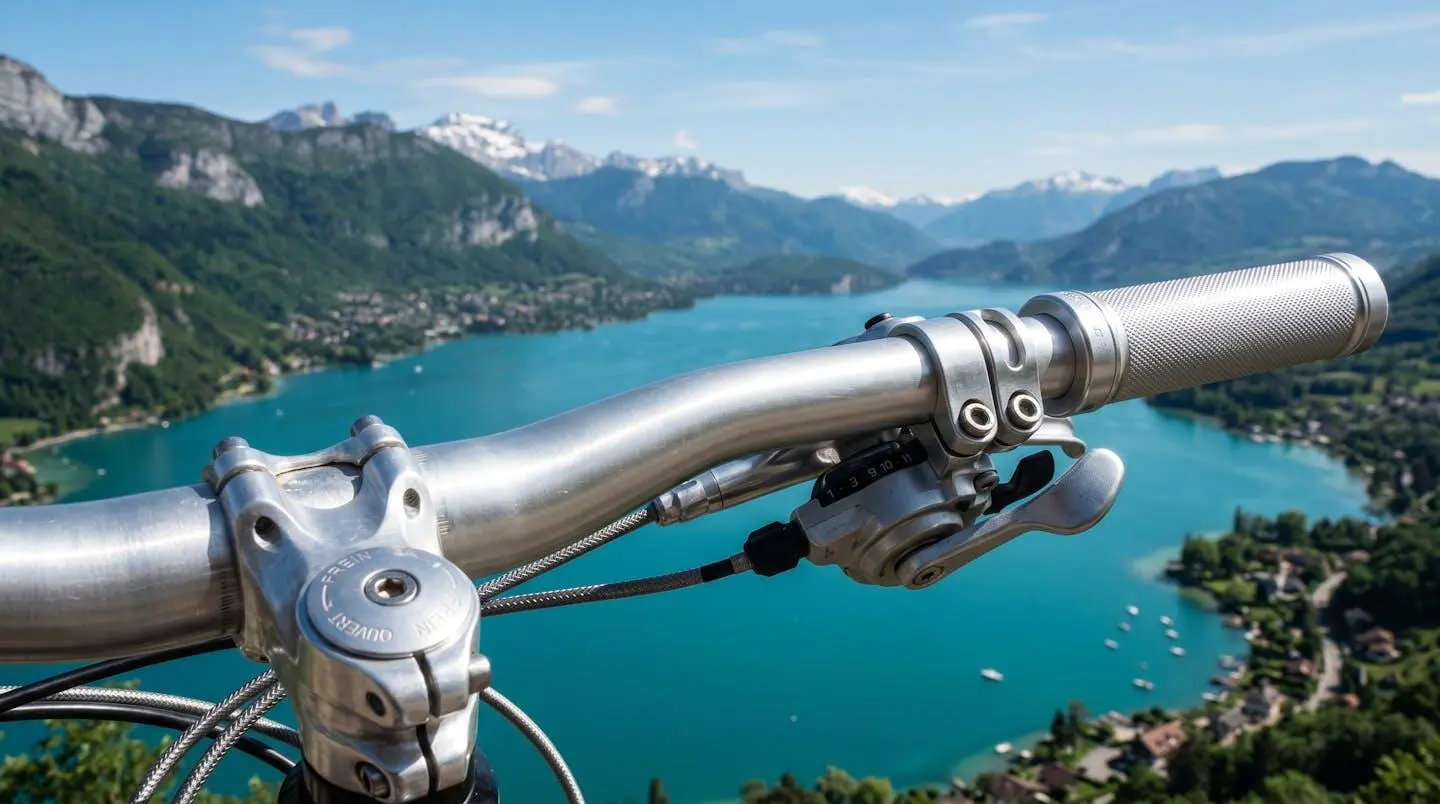 Gros plan sur un guidon de vélo moderne en métal argenté, avec en arrière-plan flouté le lac d'Annecy turquoise et les montagnes
