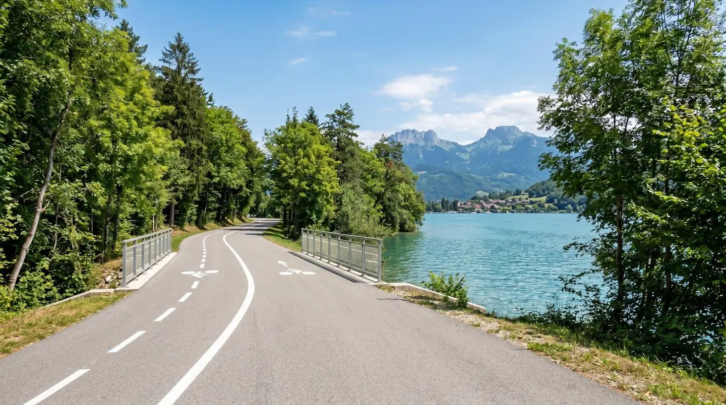 Portion de voie verte bordée d'arbres avec marquage au sol blanc, vue dégagée sur le lac d'Annecy en arrière-plan, ambiance lumineuse et contemporaine
